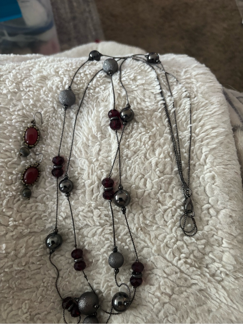 Hematite-Finish Multi-Strand Necklace with Burgundy Beads